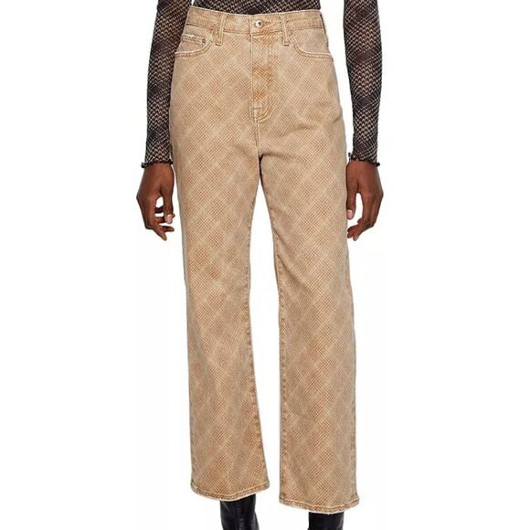 Jonathan Simkhai Standard Printed Straight Jeans Raw Hem Sepia Plaid Sz 26